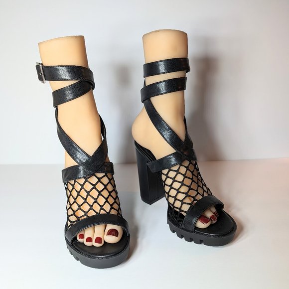 Cape Robbin Black Netted Strappy Chunky High Heels - Picture 9 of 13